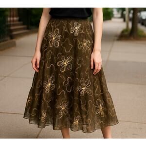 Sterling Styles Maxi Skirt Brown W/ Gold  Embroidery One Size Lining Tulle Boho